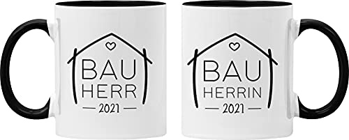 Personalisiertes Keramik Tassen Set | für den Hausbau mit Jahreszahl | Bauherr + Bauherrin 2 | Tasse ist der Hingucker auf der Baustelle | Geschenk zum Richtfest | Henkel + Innen Schwarz