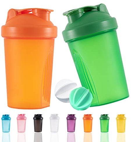 OOTD Shaker Bottle Protein Shakes and 13.5-Ounce/400ML Shaker Bottle with Wire Whisk Balls,Free of BPA plastic (Orange+Green(2PCS))