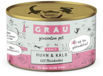 GRAU – das Original – Nassfutter für Katzen - Huhn & Kalb, 6er Pack (6 x 200 g), getreidefrei, für erwachsene Katzen