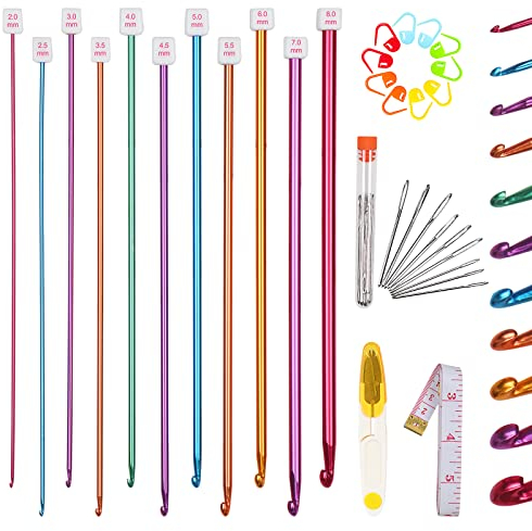 Coopay Tunesische Häkelnadeln Set, 11 Stück Tunesische Häkelnadel mit Häkelzubehör, Aluminium Lange Häkelnadel für tunesisch häkeln, 2-8 mm Praktisch Tunesische Häkelnadeln Pullover, Babykleidung