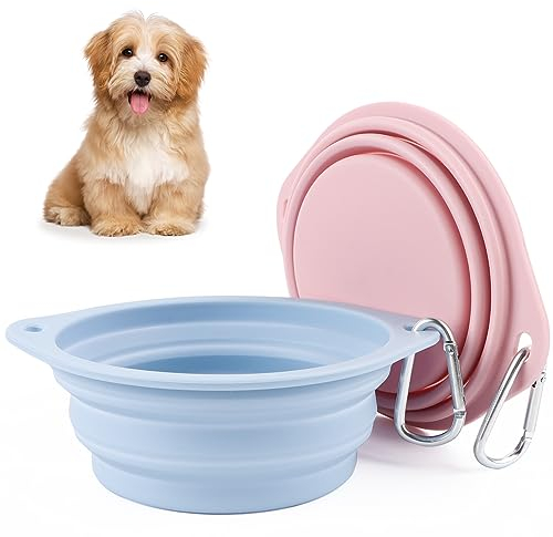 2 cuencos de viaje plegables a prueba de fugas, cuenco plegable de silicona para perros y mascotas para agua y comida (rosa, azul)