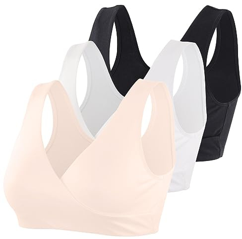 COLOMI Maternity Nursing Bra Wireless Cotton Breastfeeding Bra for Sleep (L, Black+White+Apricot/3Pack)