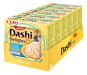 INABA Dashi Delights, Delicati Fiocchi in Brodo di Pollo con Capesante - 6 Coppette x 70 gr - Cibo Umido per Gatti con Brodo Dashi - Snack per Gatti Ricco di Proteine - Pasto Complementare
