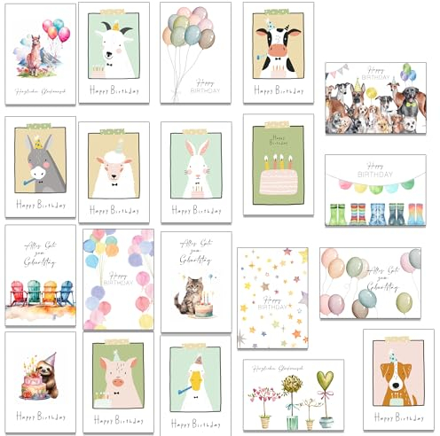 the lazy panda card company Set bestehend aus 20 Geburtstagskarten für alle Altersgruppen - Kein Design zweimal - Inklusive 20 Briefumschläge aus Recyclingpapier