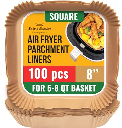 Backpapier für Heißluftfritteuse, 100 Stück - 20-24 cm Quadrat für 5.7-9 L Körbe - Ungebleichte Airfryer Backpapier - Ideal für Ofen, Pfannen und Backen - Einfach zu Reinigen von Baker's Signature
