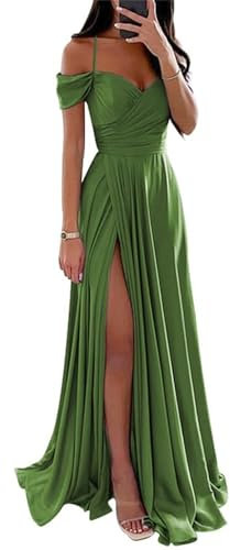YIANN Vestidos de dama de honor de satén con hombros descubiertos para mujer, con abertura, plisado, acampanado, vestido formal de graduación, verde oliva, 40