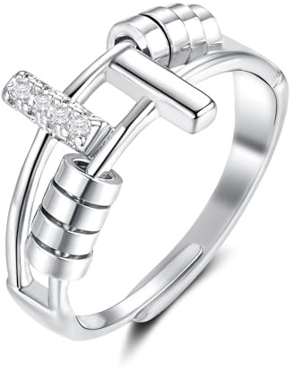 Glintara Anti-Stress Ring Silber - 925 Sterling Silber, Offen Einstellbar Stressring Dekompressionsring, Unendlichkeit Spinner Fidget Ring, Anti-Angst Zappelring Stimmungsring mit Perlen