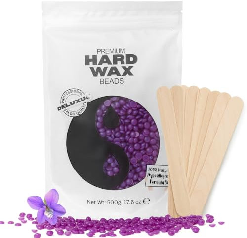 DELUXUS Hard Wax Beads 500g, Natural Stripless Hard Wax Beans with 10 Spatulas, Professional Depilatory Waxing, Gentle Hair Removal of Full Body, Face, Bikini Line, Eyebrow, Legs & Brazilian (Violet)