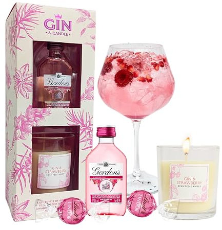 Pink Gin & Candle Gifts for Women - Flavoured Gin 5cl Miniature Alcohol Bottles, Scented Candle & 2 x Strawberry Chocolate Truffles. Alcohol Gift Set for Christmas Gifts, Stocking Fillers