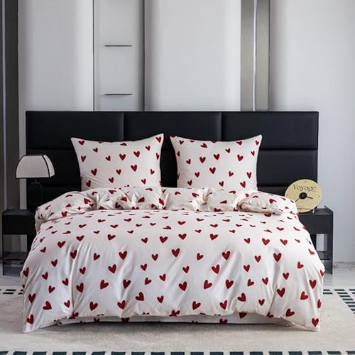 Cotton Market Biancheria da letto 200 x 200 cm, in microfibra di cotone, 3 pezzi, con chiusura lampo, copripiumino con 2 federe da 70 x 80 cm, motivo: cuori/beige