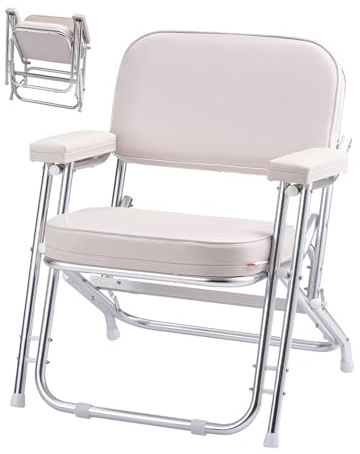 VEVOR Boat Seat, Folding Deck Chair Boat Seat with Aluminum Alloy Frame, Thickened Sponge Cushion & Waterproof PVC Leather, Padded Armrests & Non-slip Foot Pads, for Boats, Yachts, Ships, White