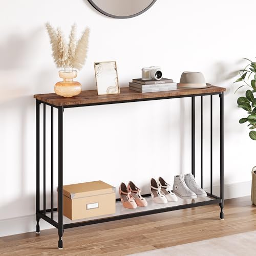 Garvee Consola Estrecha para Recibidor, Mesa Auxiliar para Sofá con Estructura de Metal y Estante de Vidrio, para Pasillo, Salón o Dormitorio, Marrón Rústico,104.9×30.0×80.8 cm