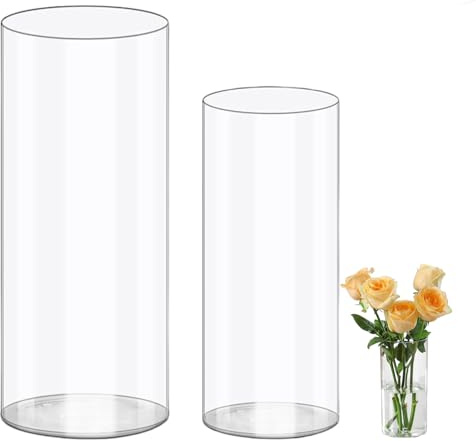 Wintfarm 2pcs Acrylic Vase, Transparent Plastic Vases for Flowers, Cylinder Flower Vase for Candle Holder, Floral Arrangement, Home, Wedding (20x10 and 25x12cm)