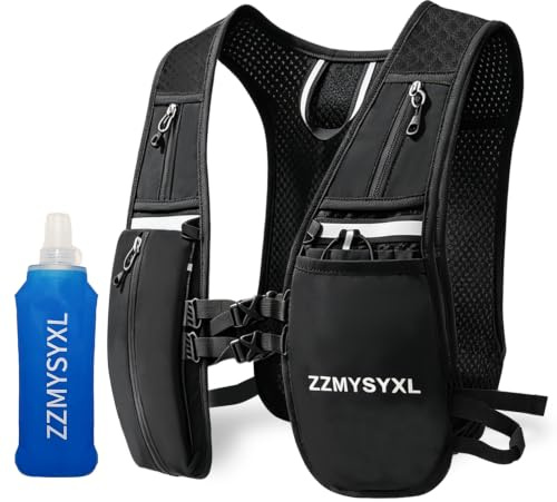 Running Vest Women and Men, Reflective Running Backpack with Storage Pockets, Lightweight Hydration Vest with 500ml Soft Water Bottle Adjustable Vest for Running Cycling Hiking Marathon Outdoor