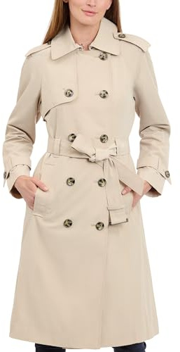 LONDON FOG Women's 3/4 Length Double-Breasted Trench Coat with Belt, Stone, Medium