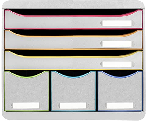 Exacompta 306913D Ablagebox Harlekin Querformat mit 6 Schubladen für DIN A+ Dokumente. Belastbare Schubladenbox mit hoher Kapazität für mehr Platz Store Box Blauer Engel Weiß|Bunt