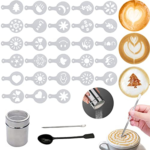 Coffee Stencils, Coffee Accessories Set 31PCS, Chocolate Shaker Duster, Cappuccino Coffee Barista Latte Hot Chocolate Cocoa Cake Design Decoration Duster Coffee Art Coffee Toppers