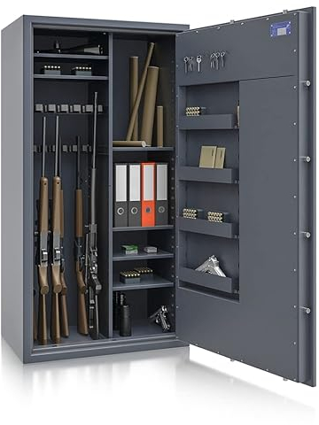 SafeHero Waffenschrank Klasse 1 EN 1143-1 Secureo Eagle 14 XL Kombi | Waffenschrank 1 für 14 Langwaffen | Langwaffenschrank Schlüsselschloss | Konformer Waffenschrank Langwaffen, Kurzwaffen + Munition