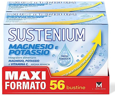 Sustenium Magnesio e Potassio - Integratore alimentare per reintegrare i Sali minerali e recuperare l’energia perduta, con Vitamina C. Confezione bipack da 56 bustine autosolubili