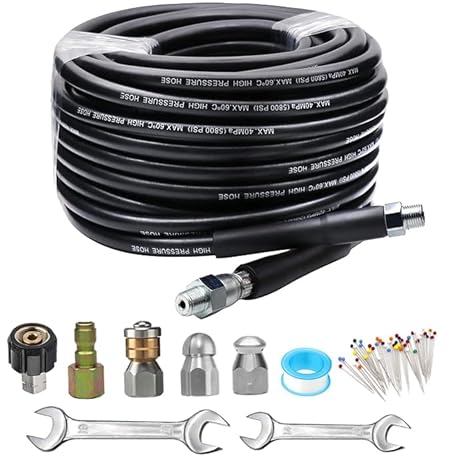 Aim Tools High Pressure Washer Sewer Jetter Kit Drain Cleaner Hose 30M / 100 FT, 5800 PSI, 1/4 Inch NPT, M22 14mm Fitting, Corner Rotating and Button Nose Sewer Jetting Nozzle