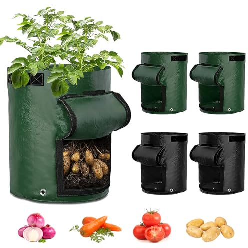 Sacs de culture de pommes de terre, Lot de 4 Sacs de culture de légumes de jardin, Sacs à Plantes en PE avec Fenêtre et Poignées, en tissu non tissé respirant pour pommes de terre carottes 35 x 50 cm