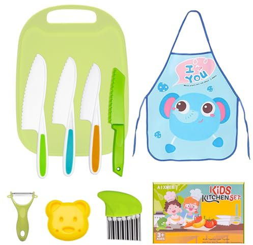AIXMEET Set Di 9 Coltelli Bambini per Tagliare, Plastica Coltelli per Bambini,Coltello per Bambini Montessoricon Bordi di Taglio Seghettati per Frutta, Pane, Verdura, Grembiule