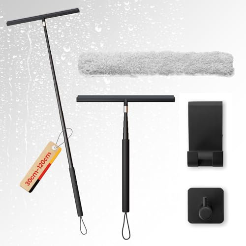 LORESJOY Rasquetas Limpiacristales para Ducha de Silicona con Soporte, Limpiacristales con Mango Extensible, Rasqueta limpiacristales y Microfibra Ventana Arandela (Negro)