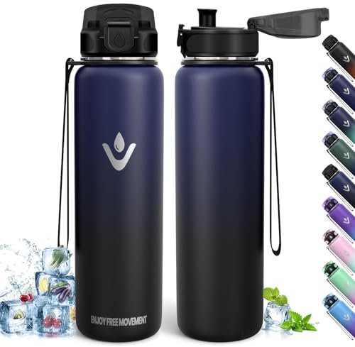 Trinkflasche Edelstahl, 1L BPA-Frei, Thermosflasche, Auslaufsicher, Thermoskanne, Doppelwandige Isolierung, Isolierflasche, Wasserflasche, 18/8 Edelstahl, Thermoskanne für Wandern, Laufen, Schule