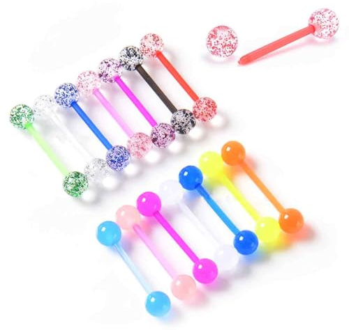XXLKVSK 16Pcs Tongue Bars Glow in the Dark Tongue Bars Colorful Tongue Rings Plastic Tongue Nipple Barbell Bar Ring Mixed Ball Body Piercing Jewellery
