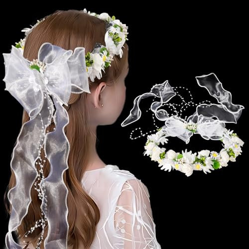 BOOMTOP Stirnband Kommunion Haarschmuck Blumen Mädchen Gänseblümchen Haarreif Haarkranz Taufe Blumenkranz Prinzessin Hochzeit Blumenmädchen Kopfschmuck Weiß Haarband mit Blüten Perlenband Tüllband