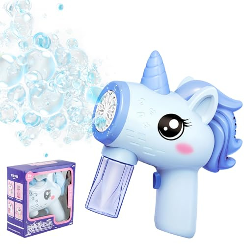 Pistola de Burbujas, Fancysky Maquina Burbujas NiñOs, con 150 Ml de Agua de Burbujas, MáQuina de Burbujas con Luz, para Fiestas, Parques, Viajes, Pistola de Pompas AutomáTica (Caballo Azul)