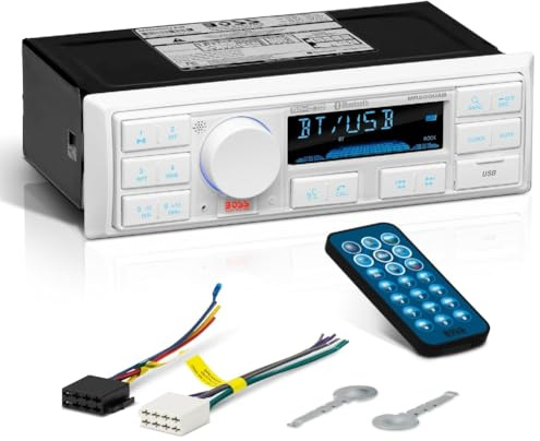 KIT SET FÖR BOSS AUDIO SYSTEMS MR500UAB 1 DIN marinradio, digital media, AM/FM-mottagare, stereo, USB/MP3/WMA, med Bluetooth, för båt, sjö, 1 st + monteringstillbehör
