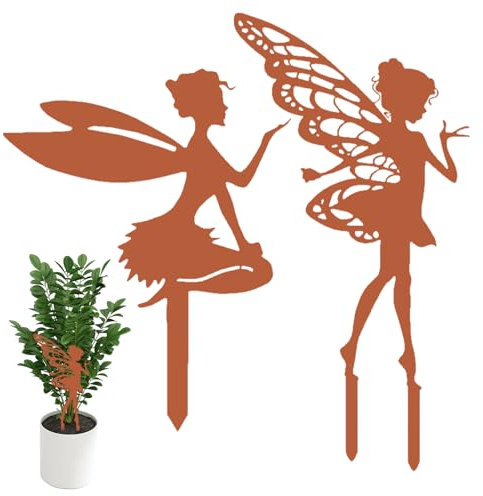 Enchanteur Set de 2 Fées en Métal Patiné - Piquets de Jardin Antiques pour Plantes, Balcon et Terrasse - Décorations Fées avec Ailes en Style Rouillé - Décoration Extérieur Résistante aux Intempéries