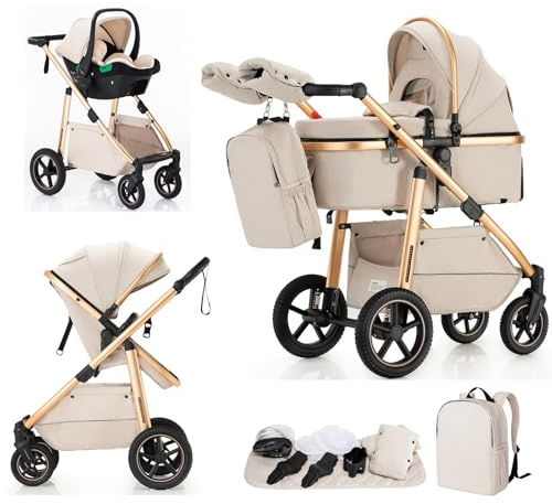Lnhcrbs Carrito Bebe 3 en 1,Silla de Paseo Reversible con asa Ajustable,Coche Para Bebe con Ruedas Delanteras Bloqueables,Para 22kg, 0-4 Años（Beige）