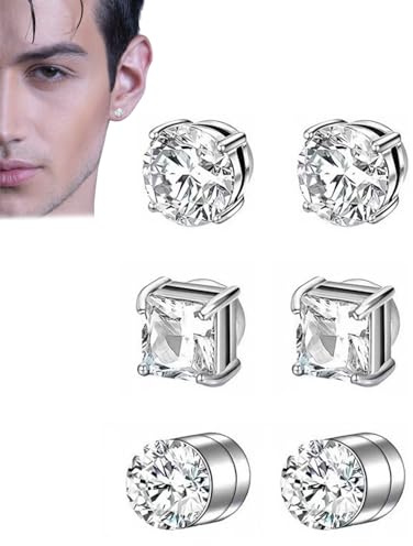 JUKOTA Magnet Ohrstecker,3 Paare Magnet Ohrringe Set,6Mm Magnetische Ohrringe für Männer und Frauen,Ohne Perforation,Elegant Stilvoll und Praktisch Silber