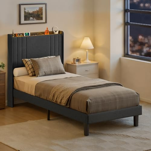 Blishom Cama Tapizada 90×200 cm con Cabecero, Láminas de Madera,Gris Oscuro | Cama Individual con LED y puertos USB Type-C, almacenamiento, ideal para dormitorios y habitaciones de invitados