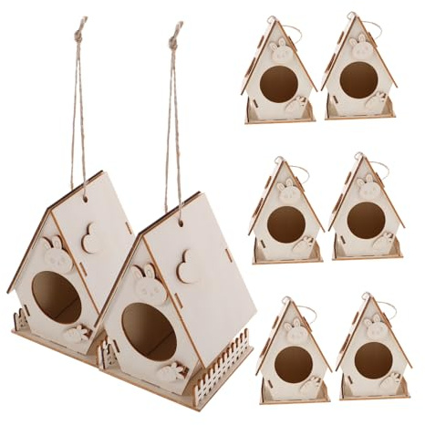 Hohopeti 8PCS DIY Wooden Birdhouse Kit for Unpainted Hanging Bird Houses Craft for Painting and Building Indoor Outdoor Weatherproof Bird Nest Creative Art Project