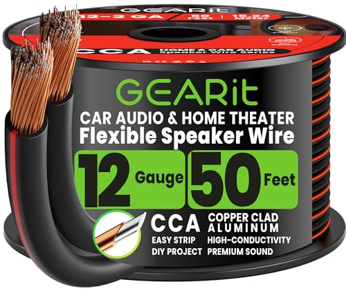 GEARit 12 Gauge Speaker Cable 50ft, Flexible 2x4mm² Speaker Wire with Polarity Markings, 2-Conductor 12AWG CCA Audio Cable for In-Wall Home Theater, Car Audio Stereo, HiFi Surround Sound (Black)