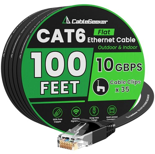 Cat 6 Ethernet Cable 100 ft, Indoor&Outdoor, High Speed 10Gbps Internet Network, Pure Copper Flat Ethernet Patch Cable Long, Computer LAN Cable with Clips & Straps for Router, Modem, PS4/5, Black