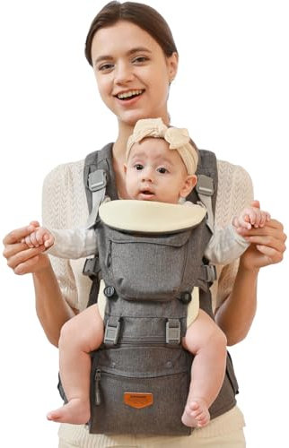SUNVENO Babytrage Ergonomisch，Baby Carrier mit Abnehmbarer Kapuze, Hüftsitz baby mit Speicheltuch, 3in1 Babybauchtragen für Baby 3-36 Monate, Babyrückentragen 0-20Kg (Grau)