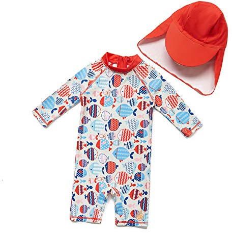 BONVERANO Costume Intero Resistente alle Maniche a 3/4 per Neonate Protezione UV 50+(Rosso-Pesci,3-6mesi)…