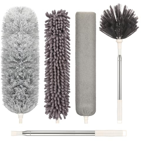 Microfiber Duster with Extension Pole(Stainless Steel) 30 to 100 Inches, Washable Dusters, Reusable Dusters, Bendable Duster for High Ceiling, Cleaning Ceiling Fan, Furniture, Blinds, Cars