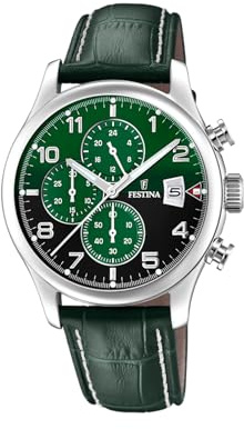 Festina Herrenuhr Analog - Leder Grün - Quarzwerk - Chronograph - Datum - Gehärtetes Mineralglas - Wasserdicht 10 ATM - Casual - F20375/8 Timeless Chronograph