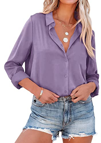 NONSAR Elegante blusa de satén y mangas largas para mujer, camisa con cuello en V, blusa de oficina de estilo casual, Violett, XL