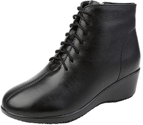 Jamron Femmes Mode Cuir Véritable Talon Compensé Bottes de Cheville à Lacets Avec Doublure en Cuir Noir EU37