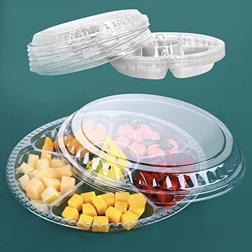 Apatal 12 bandejas desechables para frutas, bandeja redonda de plástico para servir aperitivos con tapa, 6 compartimentos, recipientes divididos para aperitivos, ensaladas de verduras, organizador de