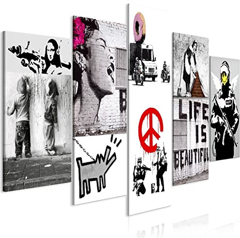 Cuadros B&D XXL - Cuadro Acústico Banksy Collage 225x112 cm espuma acústica absorbe el sonido aislamiento lienzo de 5 piezas Impresión Artística Decoración de Pared Street Art Graffiti i-C-10019-b-a