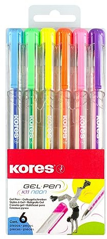 Kores - K11: Penne Gel Colorate Neon, Punta Media da 0,8 mm con Inchiostro Gel per una Scrittura Fluida, Forma Triangolare ergonomica, Confezione da 6 in Colori Neon Assortiti