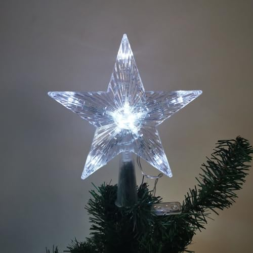 Décoration de sapin de Noël avec 10 LED - Nécessite des piles - 16 x 16 cm - Pentagramme lumineux - Étoile de sapin de Noël - Pointe du sapin de Noël (lumière blanche, 16 x 16 cm)