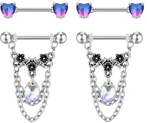 AVYRING 2 paia di anelli per capezzoli, in argento con catene di cristallo floreali, barrette in acciaio inox con cuore a cuore, 14g